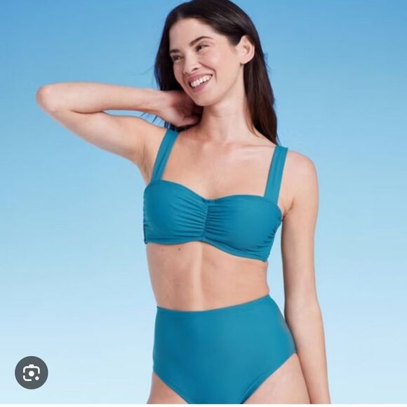 Shade & Shore 36C Blue Shirred Ribbed Bandeau Bikini Swim Underwire Top - Picture 4 of 11